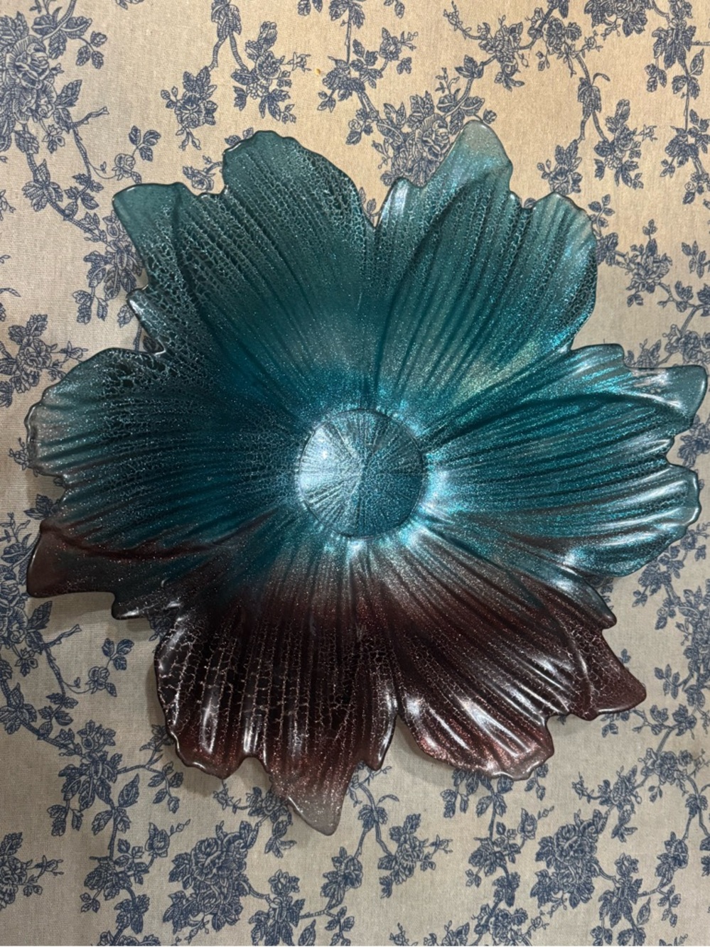 Large Decorative Glass Bowl / Centerpiece – Teal & Plum Iridescent